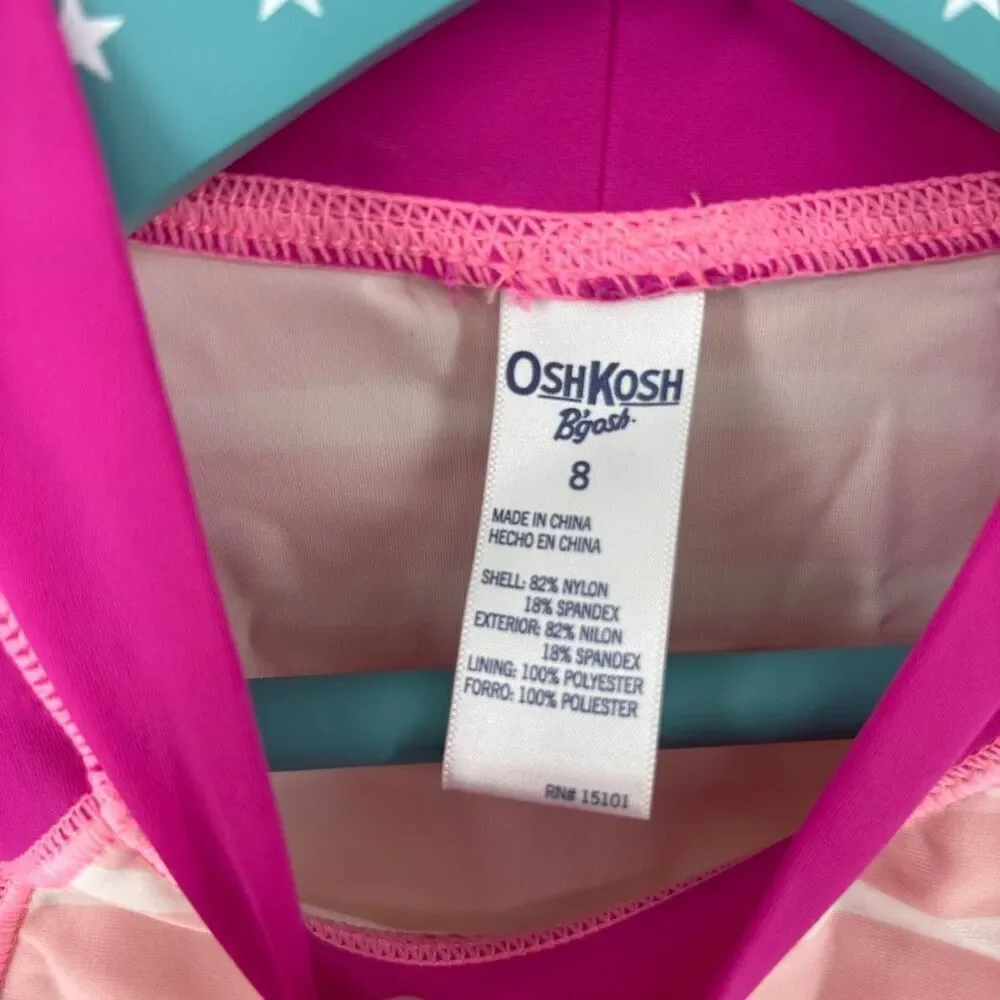 OshKosh B'gosh Kid's Red Pink Striped Ocean Print Swim Shirt Top Size 8